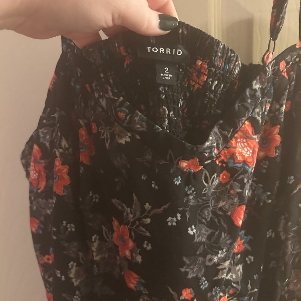 Torrid Black Midi Dress with Red Orange Flowers Pockets 2X Sleeveless Pockets - Picture 4 of 6
